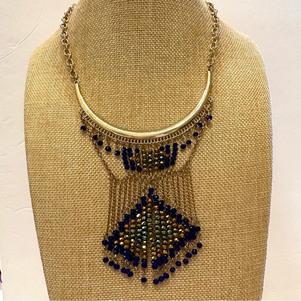 Gold tone curved bar beaded fringe bib necklaces/ blue, green & gold glass beads